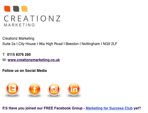 Creationz Marketing, Email Footer, Marketing Advice, Nottingham